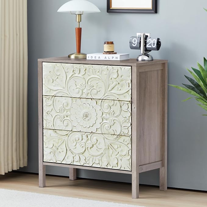 3 Drawer Dresser, Vintage French Chest of Drawers with Storage, Farmhouse Distressed Boho Nightstands Set of 2, Small Wide Dresser for Bedroom Hallway Living Room Entryway (2, Rustic Brown Gray) - Image 4