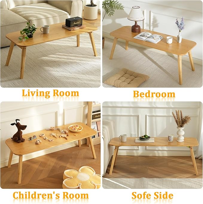 Coffee Table Foldable Mid Century Desk TV Stand with Open Storage Shelf Center Table for Living Room Furniture RV No Assembly (Natural-120cm)