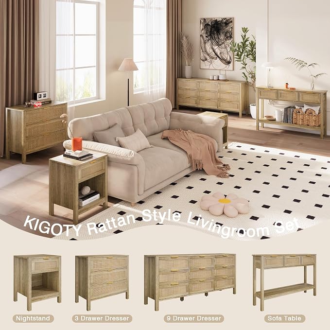 KIGOTY Farmhouse Nightstands, Night Stand, Rattan Nightstand Bedside Table with Drawer, Boho End Side Tables with Open Shelf for Bed Room, Natural Oak - Image 8