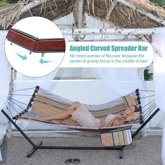 TegerDeger 12FT 2 Person Hammock Large Hammock 450LB Capacity with V Shaped Hardwood Spreader Bar & Nylon Rope for Outside, Patio, Garden, Backyard, Beach, Poolside - Fall Yellow Stripes - Image 3