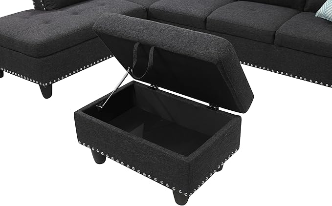 Modular Sectional Sofa Set, Modern L Shaped Sectional Sofa Set with Storage Ottoman & 2 Pillow, 2 Cup Holders, 6 Seat Sofa Couch Set for Living Room, Office, Apartment (Linen, Charcoal Grey)