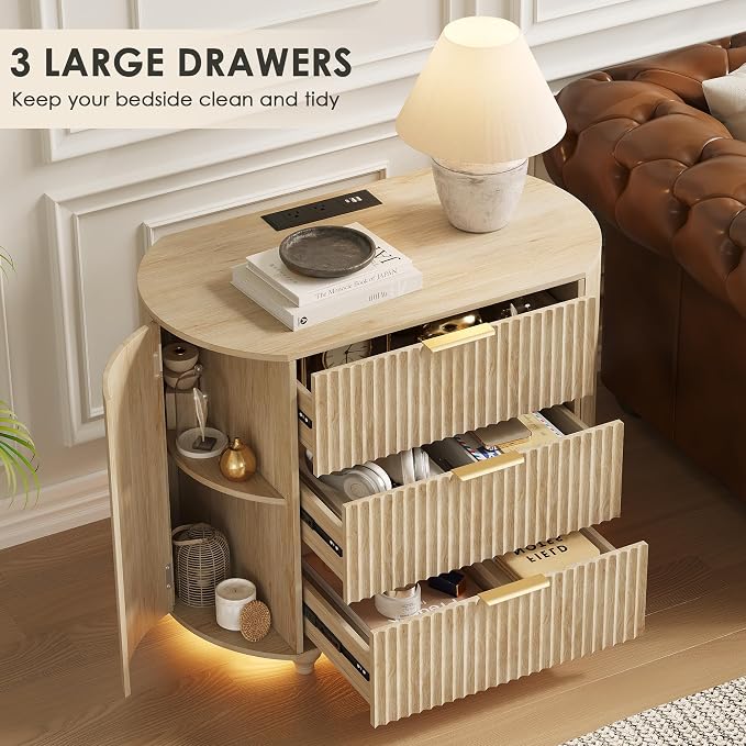 31.5" W Oval Fluted Nightstand with LED Lights & Charging Station, Modern Night Stand with 3 Sliding Drawers & 2 Side Storage, Large Bedside Table, Wood End Side Table for Bedroom (Oak) - Image 3