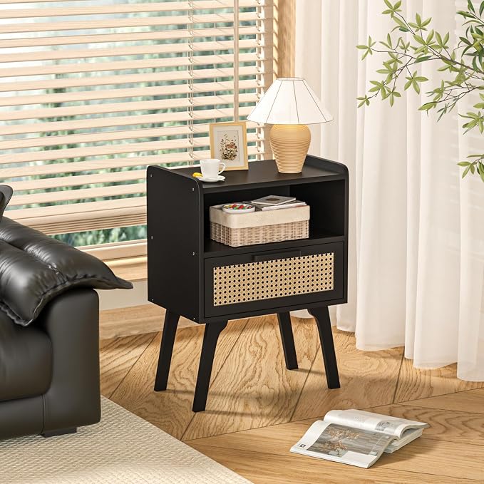 Lerliuo Rattan Nightstand, Bedside Table with Drawer Open Shelf, Cane Accent Side End Table with Solid Wood Legs, Black Mid Century Night Stand for Bedroom, Dorm and Small Spaces - Image 6