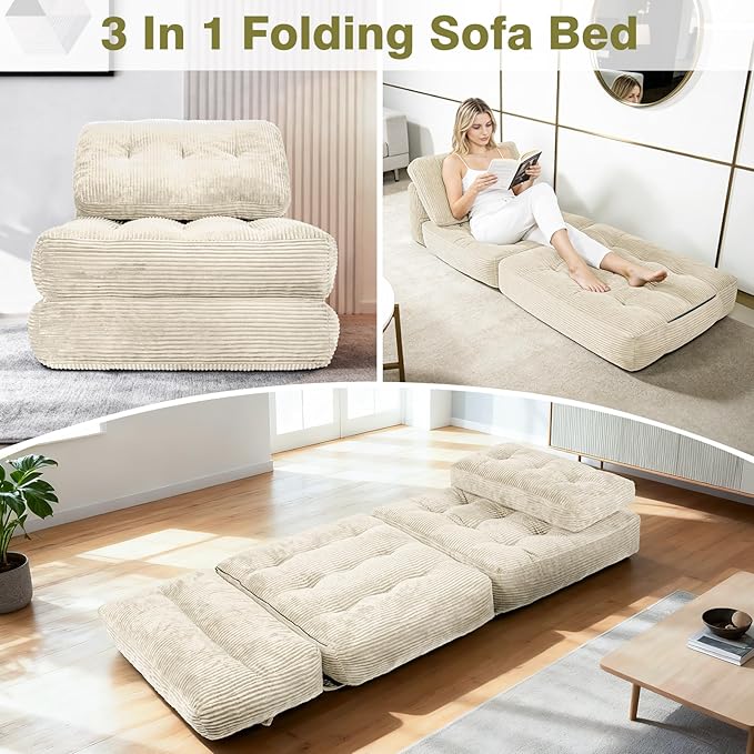 Art3d Folding Sofa Bed, Convertible Sleeper Sofa Bed with Pilow & Back Support, 3 in 1 Long Futon Boneless Couch, Comfy Floor Couch for Living Room, Bedroom, Beige