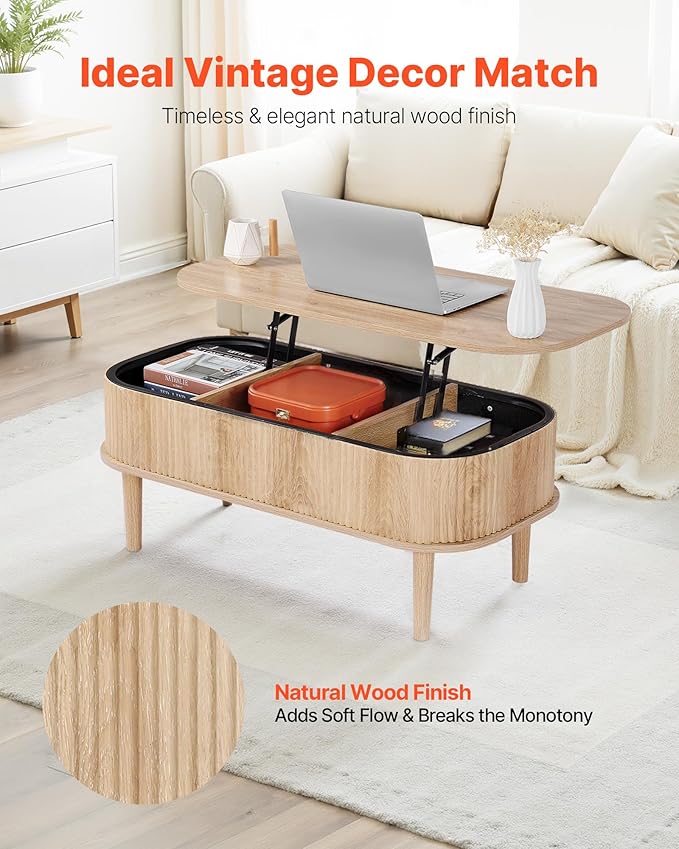 VEVOR Fluted Lift Top Coffee Table, Oval Wood Coffee Table with 3 Hidden Compartment, Mid Century Modern Center Table with Storage, Lift up Tabletop for Home Living Room Office, Easy Assembly, Natural