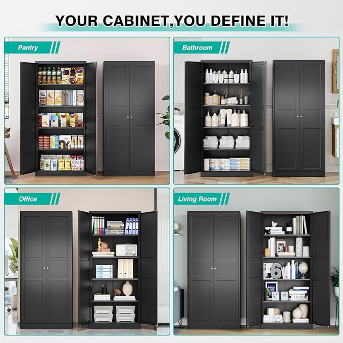 SISESOL Black Storage Cabinet,71" Tall Pantry Cabinet,Kitchen Pantry Storage Cabinets with 2 Doors and 5 Shelves,Wide Deep Metal Food Cupboard for Home,Kitchen,Dining/Living Room