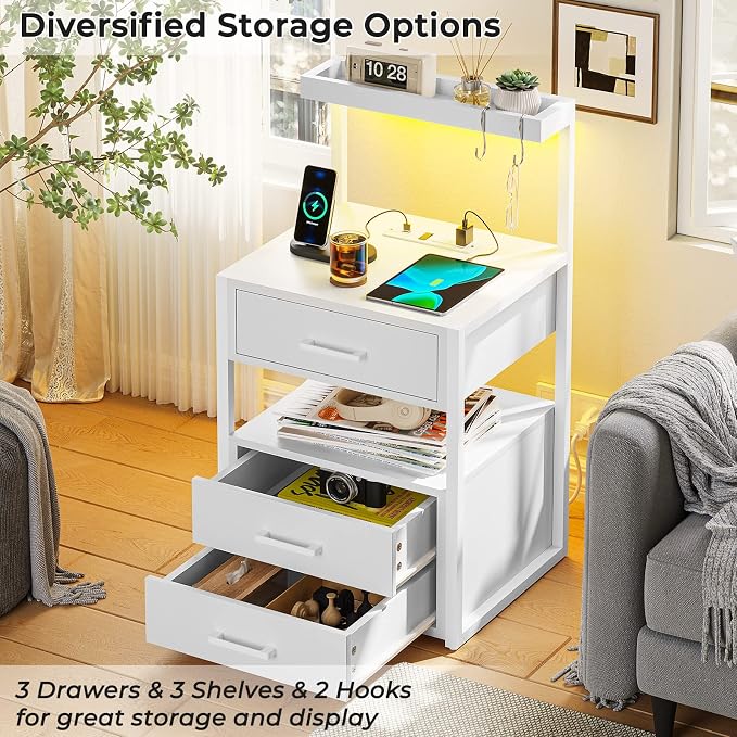 Nightstand with Charging Station and LED Lights, LED Night Stand with 2 USB Ports and 2 AC Outlets, Modern End Table with 3 Drawers, Bedside Table with Open Storage for Bedroom, White - Image 4