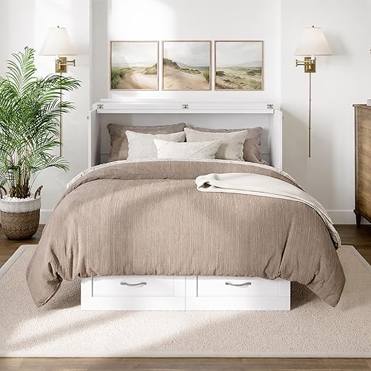 AFI, Chelsea Mid-Century Modern Full Wood Murphy Bed Chest with 6" Mattress, Storage Drawer & Built-in USB Charger, White