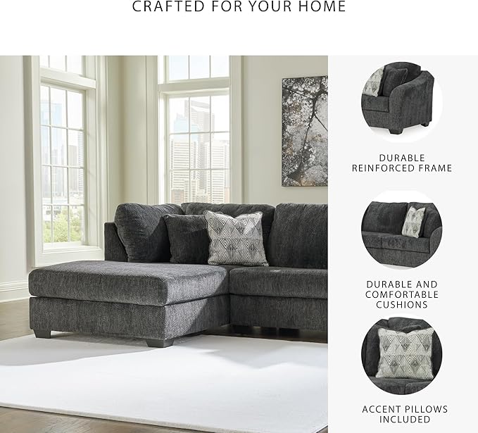 Signature Design by Ashley Biddeford Contemporary L-Shaped 2-Piece Sectional with Chaise, Loose Seat Cushions and 4 Accent Pillows, Gray