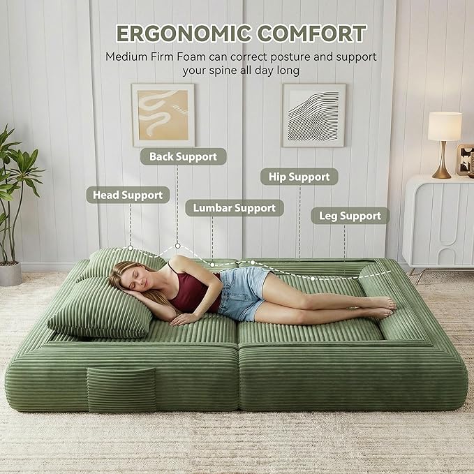 4-in-1 Convertible Folding Sofa Bed, 76 Inch Queen Size Foldable Sleeper Sofa Bed, Wide Corduroy Upholstery, Boneless Mattress Couch with Armrests & Neck Pillow for Living/Bedroom - Green
