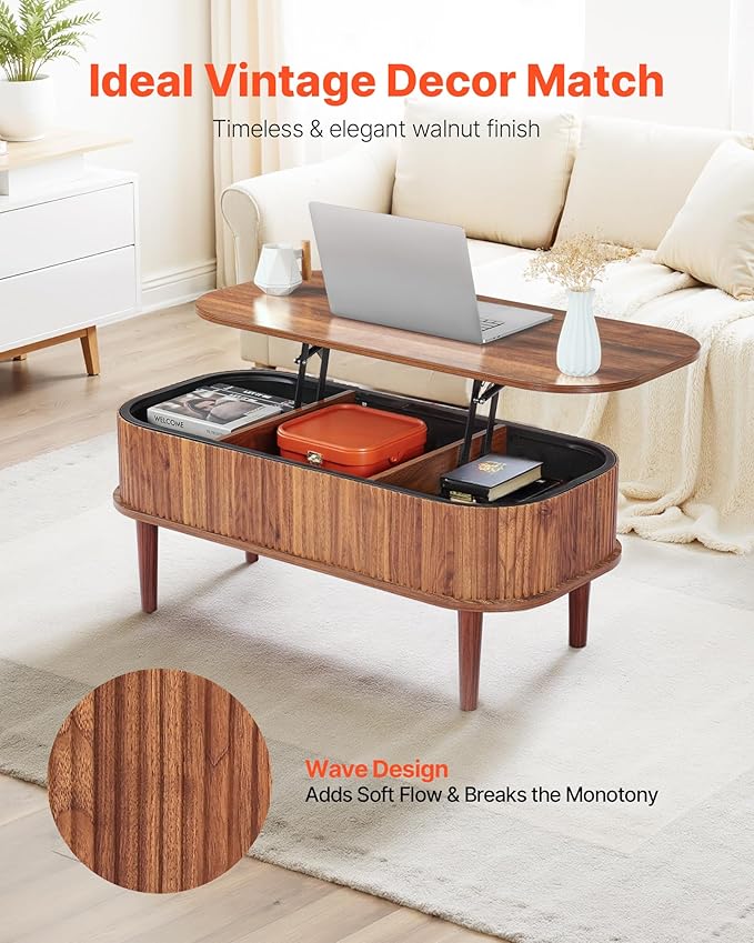 VEVOR Fluted Lift Top Coffee Table, Oval Walnut Coffee Table with 3 Hidden Compartment, Mid Century Modern Wood Center Table with Storage, Lift up Tabletop for Home Living Room Office, Easy Assembly