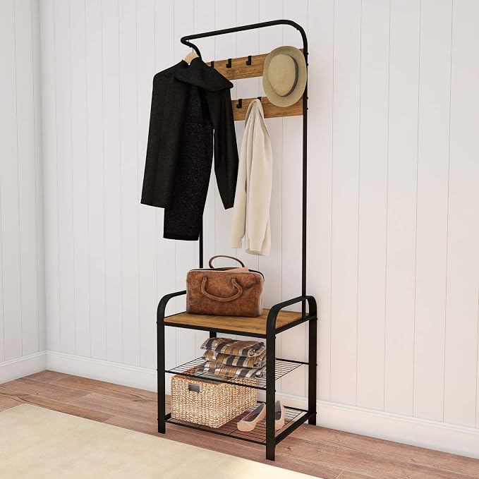 Lavish Home Entryway Bench with Coat Rack - Metal Hall Tree with Seat, Hooks, and Shoe Storage - Rustic Farmhouse Freestanding Mudroom Furniture by LavishHomeCollection