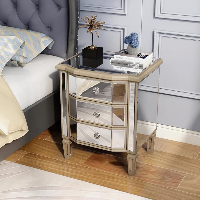 SHYFOY Mirrored Gold Nightstand with 3 Drawers, Antique Bed Side Table Night Stand, Mirror Finished Modern Accent Bedside Table, Glass Nightstand for Bedroom Living Room - Image 8
