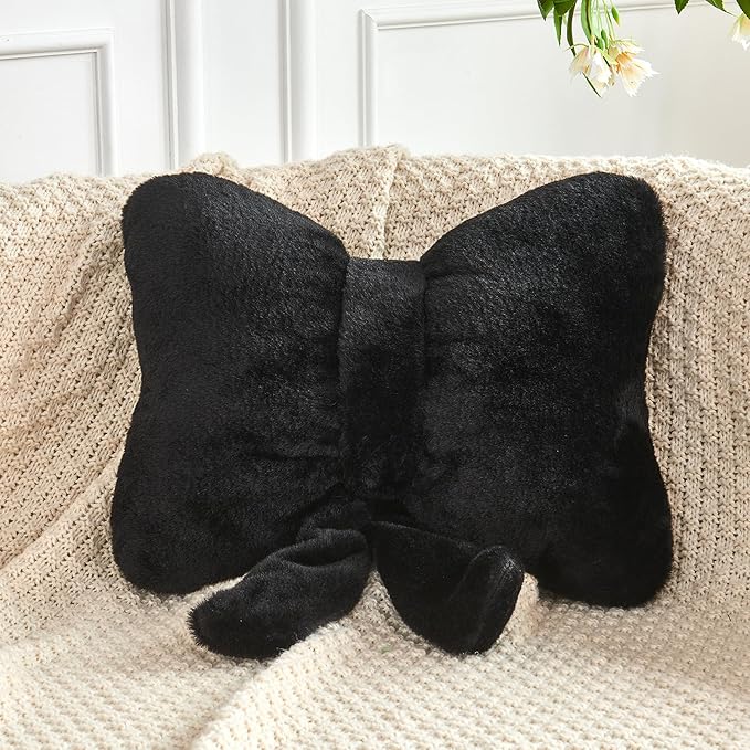 XVTRU Black Bow Pillow, Soft Bow Decorative Pillows with Faux Rabbit Fur, Cute 16" Bow Throw Pillows, Aesthetic Home Decor Bow Shaped Plush Pillow for Bedroom Sofa Couch