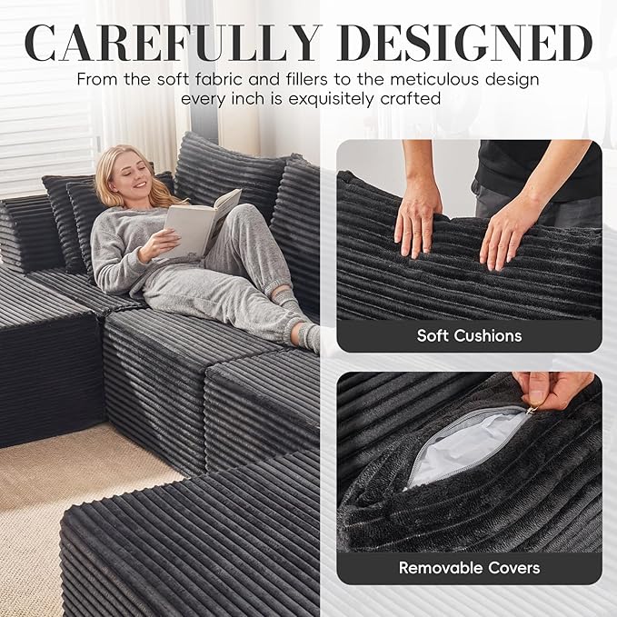 130" Modular Sectional Sofa,Modular Cloud Sofa,U-Shaped Cloud Couch with High-Density Foam & Corduroy Fabric,Boneless Couch Deep Seat Couch for Living Room Apartments Bedroom No Assembly Required ﻿ | Ready-to-Use, Durable Corduroy, Modular, Multi-Box D...