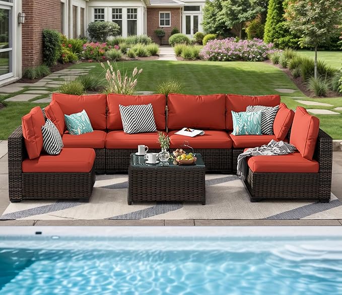 7 Pieces Patio Furniture Set, Rattan Outdoor Sectional Conversation Sets, All Weather Outdoor Furniture Set with Cushions for Garden Lawn Balcony Porch Deck Red