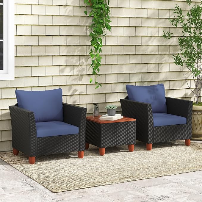 ORALNER 3 Pieces Patio Furniture Set, Outdoor Wicker Conversation Chairs with Cushion, Acacia Coffee Table, Rattan Bistro Set for Balcony Garden Backyard Front Porch Poolside (Blue)