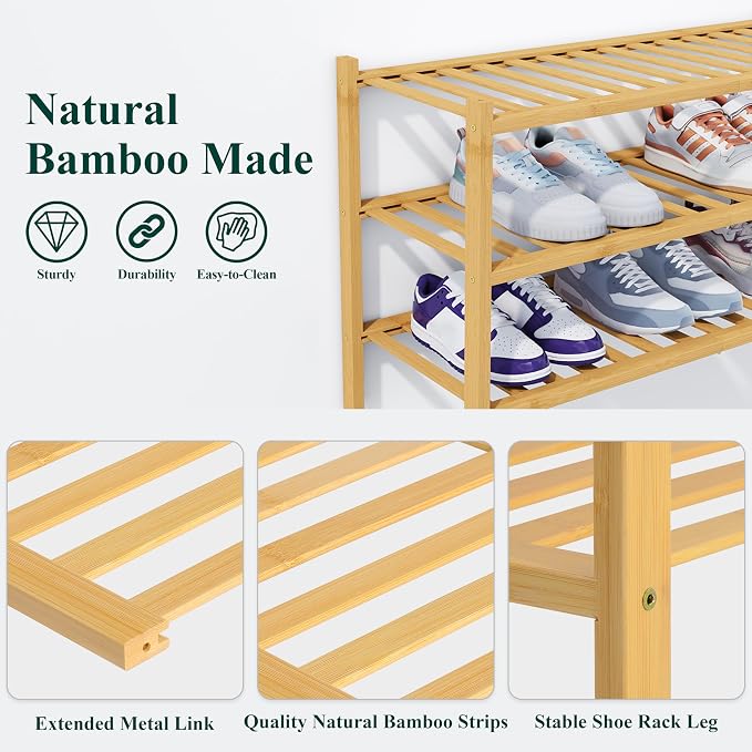 Smiry Shoe Rack, 4 Tier Thick Bamboo Shoe Organizer, Stackable Free Standing Wooden Shoe Storage Shelf for Closet, Entryway, Front Door Entrance, Natural - Image 3
