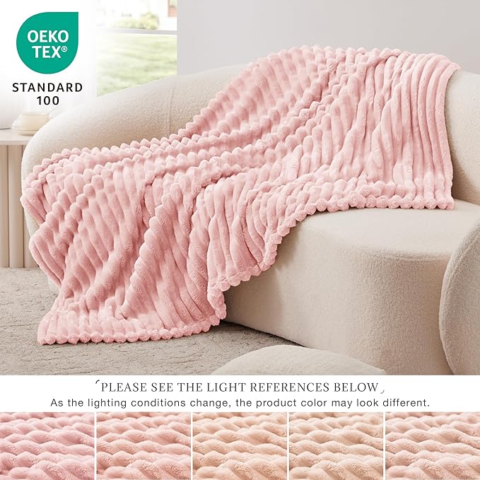 EXQ Home Fleece Blanket Twin Size for Couch or Bed - 3D Stripe Jacquard Decorative Blankets - Cozy Soft Lightweight Fuzzy Flannel Blanket Suitable for All Seasons(60"??80",Pink)