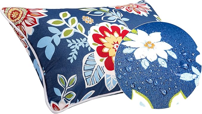 JMGBird Water-Resistant Outdoor Pillows Set of 2, 12x20 inch Durable Red Flowers Blue Background Throw Pillows with Inserts for Patio Furniture