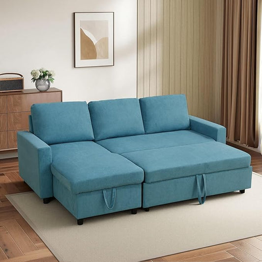 L-Shaped Sleeper Sofa with Chaise Lounge & Storage, Pull-Out Couch Bed with Recliner, Full Size Futon for Living Room, Office, Apartment Teal
