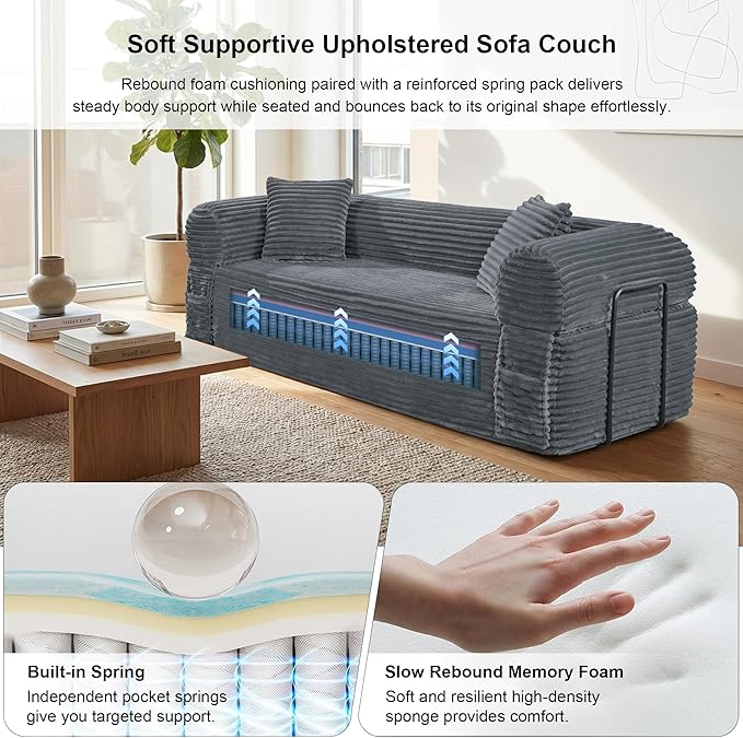 83'' Boneless Couch in A Box, No Assembly Needed Sofa Bed Couch 3 Seater Corduroy Modern Cloud Sofa 29'' Deep Seat with 2 Pillows & Removable Backrest for Living Room, Bedroom, Apartment, Gray | No Assembly Needed, High Density Foam, Removable Backrest...