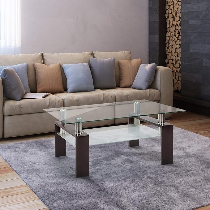 IANIYA Black Walnut Rectangle Tempered Glass Coffee Table Metal Tube Legs End Table for Livingroom