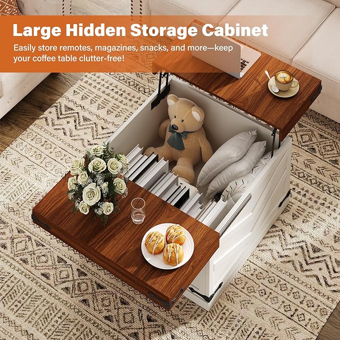 31.5'' Lift Top Coffee Table, Sliding Top Square Center Table with Large Hidden Storage Organizer, Multi-Functional Farmhouse Coffee Tables for Living Room, Bedroom, Home Office, White