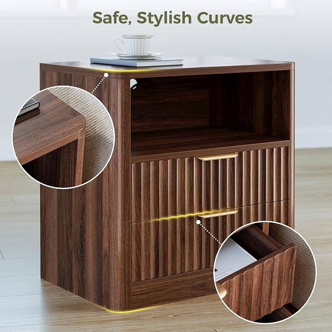 IRONCK Fluted Night Stand Set of 2, Modern Nightstand with Charging Station, Drawers and Open Shelves - Bedside Table Wood Side Table Set for Bedroom (Walnut) - Image 5