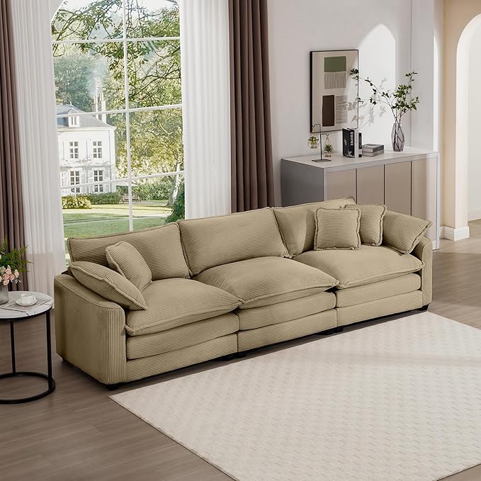 KEIKI 115" Oversized Corduroy Modular Sectional Cloud Sofa with High-Density Foam Cushions, Removable Armrests, Upholstered Modern 3-Seater Fluffy Corner Couch with 5 Pillow, for Living Room, Tan