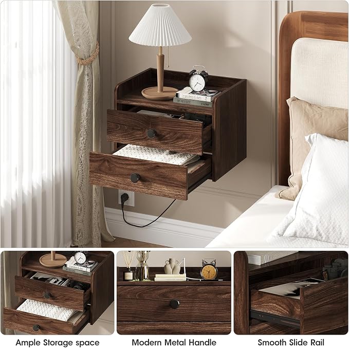 Floating Nightstand Set of 2 with 2 Storage Drawers and Charging Station Wood Wall Mounted Bedside End Table Modern Night Stands Set 2 for Bedroom,Small Space,Brown Walnut - Image 5