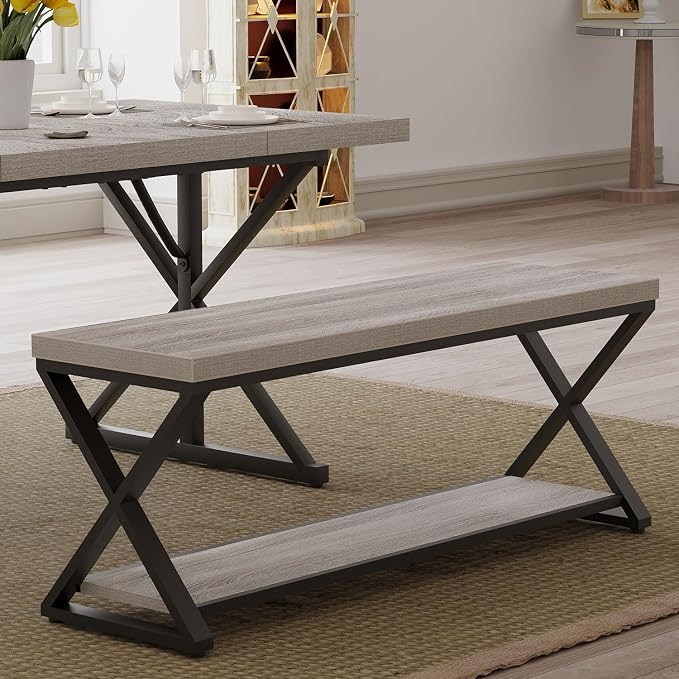 IBF Industrial Wood Entryway Bench, Indoor Farmhouse Hallway Accent Entry Bench for Seating Sitting with Storage, Metal Shoe Rack Grey Bench Organizer in Foyer Bedroom, Light Grey Oak, 47 Inch Long - Image 8