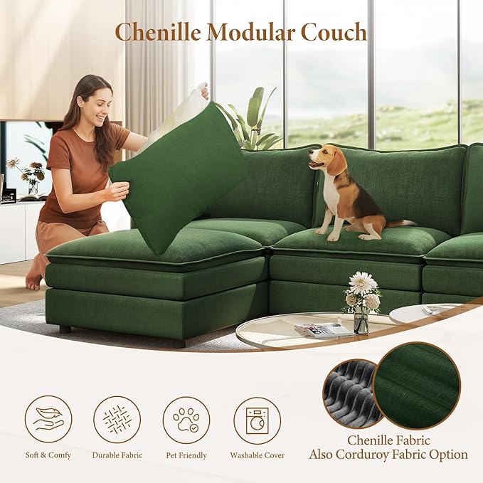 Vesgantti 142" Cloud Couch Sectional Modular Sofa, Comfy Sectional Couch with Ottoman Deep Seat Chenille L Shaped Sofa, Modular Couches for Living Room, Bedroom and Apartment, Green