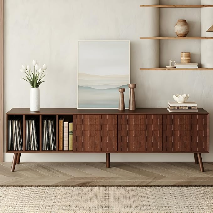 Merax 70" TV Stand for TVs Up to 80", Modern Entertainment Center with 3 Doors and Vertical Open Shelves, Media Console with Unique Mosaic Front Design for Living Room by Merax