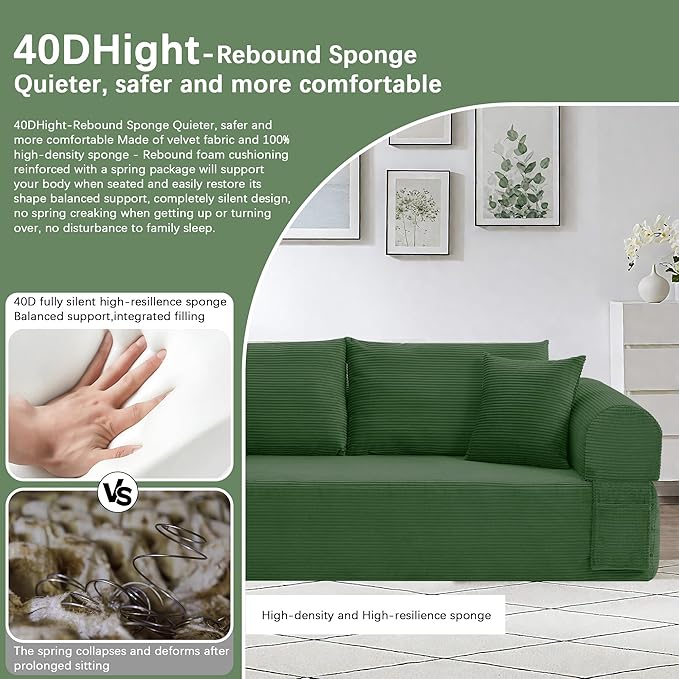 83" Modern Sofa in a Box, No Assembly Oversized 3 Seater 28" Deep Seat Cloud Sofa Bed Couch with 4 Furry Pillows & Corduroy Fabric, Boneless Couch with Side Storage Pockets for Living Room, Green