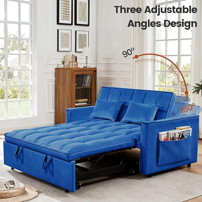 3 in 1 Sofa Bed, Love Seat Sleeper Bed with Side Pockets, Velvet Fabric Pull Out Couch with Adjustable Backrest for Living Room, Bedroom, Apartment, Blue