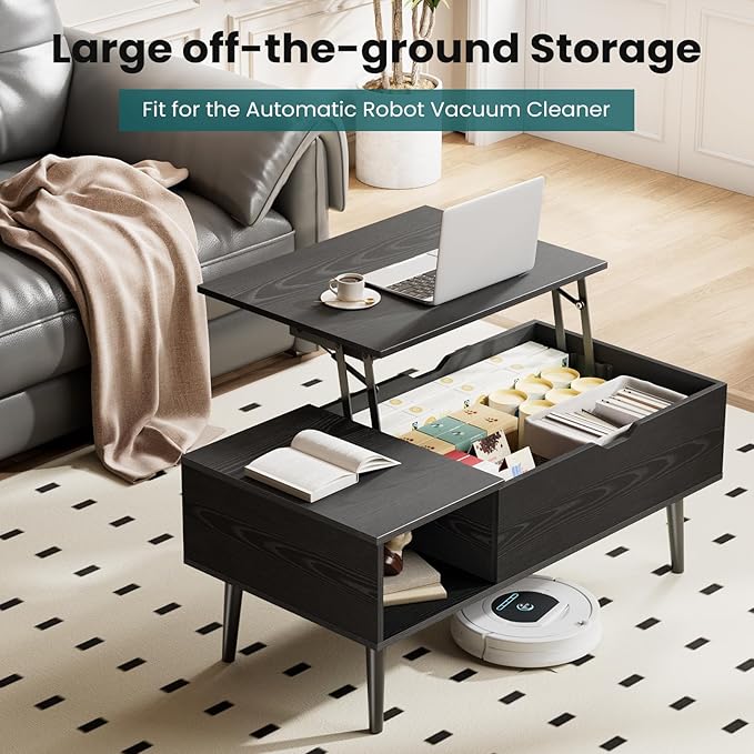 NEWBULIG Lift Top Coffee Table with Storage, Wooden Coffee Table for Living Room, Hidden Compartment & Open Shelf, Small Space Center Table, Black