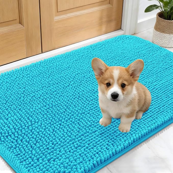 OLANLY Dog Door Mat for Muddy Paws 30x17, Absorbs Moisture and Dirt, Absorbent Non-Slip Washable Doormat, Quick Dry Chenille Mud Mat for Dogs, Entry Indoor Entryway Carpet for Inside Floor, Aqua Blue by OLANLY