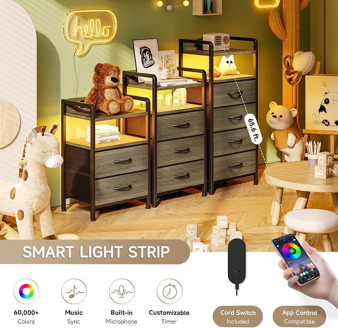 Lazzanto Grey NightStand with Charging Station - Morden Nightstand with USB Ports & AC Outlets, Grey End Table with Storage Shelf & 4 Fabric Drawers, LED Light Strip - Image 5