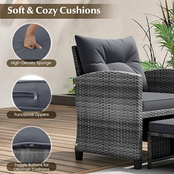 Tangkula 5 Pieces Patio Conversation Set, PE Wicker Rattan Outdoor Furniture Set with 2 Chairs, 2 Ottomans & Tempered Glass Coffee Table, Ideal for Poolside, Backyard, Lawn, Deck, Grey