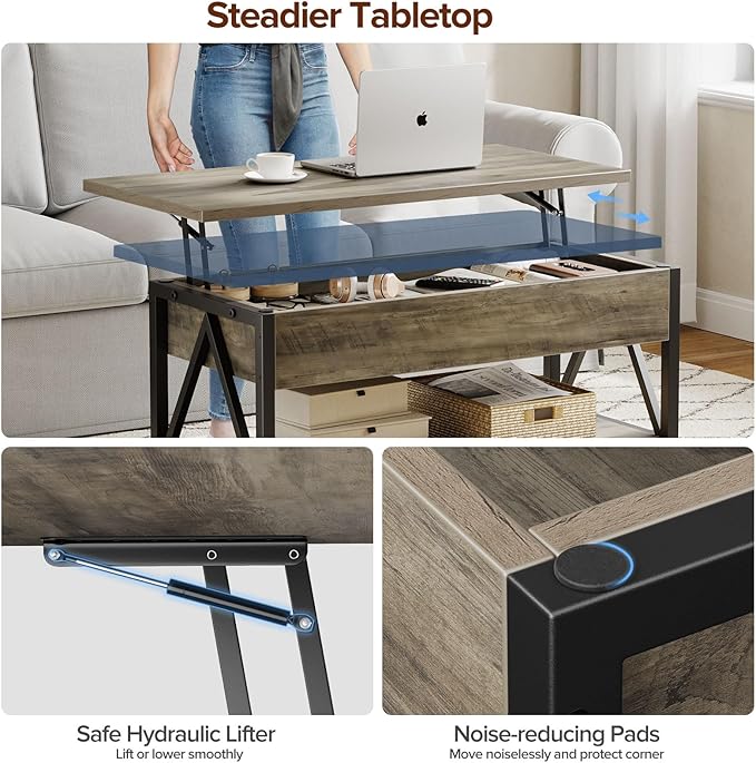 Lift Top Coffee Table,Lift Coffee Tables with Storage Shelf and Large Hidden Compartment for Living Room,Lift Tabletop Dining Center Table for Small Space, Grey