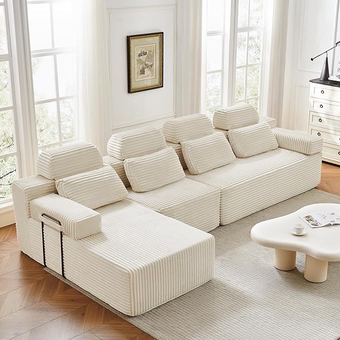 136" L-Shaped Cloud Modular Sectional Sofa with Chaise & Headrest, Boneless Deep Seat Plush Corduroy Couches for Large Living Room, No Assembly Required (White, 136" L-shapred Chaise)