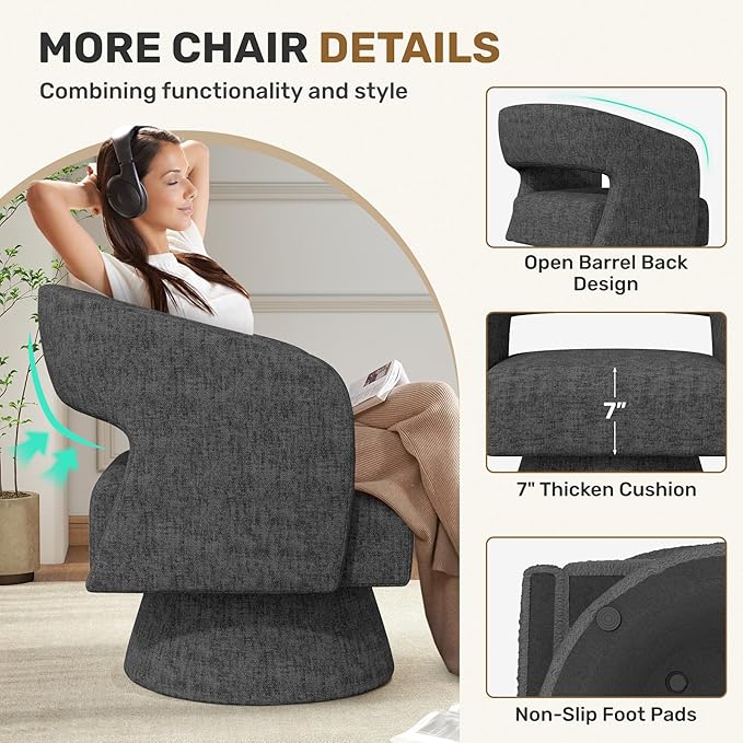 Nebuaegis Swivel Accent Chair Set of 2, Modern Comfy Chenille Barrel Chairs, Oversized Upholstered Round Arm Chair for Living Room, Bedroom, Reading Room, Black
