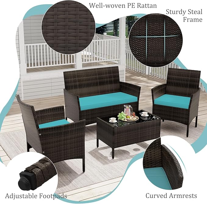 KOTEK 4 Piece Patio Furniture Set, Outdoor Rattan Conversation Set with Loveseat, Wicker Chairs, Tempered Glass Coffee Table, Wicker Patio Set for Backyard, Porch (Turquoise)