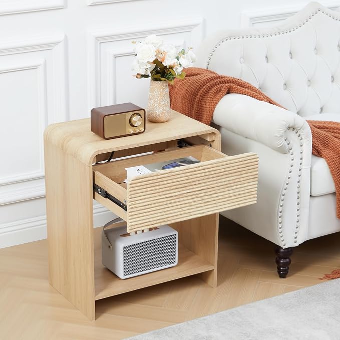 XUZENEST Fluted Nightstand Set of 2 with Charging Station, Modern Bed Side Table End Table with Drawer Storage, Large Wooden Night Stands Bedside for Bedroom Living Room Sofa Office, Natural 2 Sets - Image 6