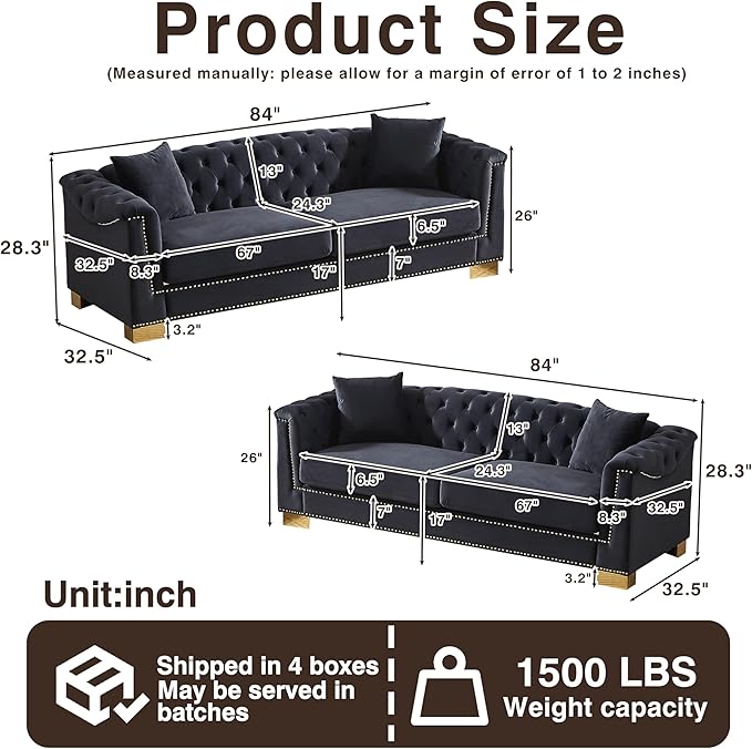 KEIKI 6 Seat Chesterfield Sofa, Upholstered 3+3 Seat Couch with Rolled Arm, Modern Combination Sofa for Living Room, Bedroom, Office, Black