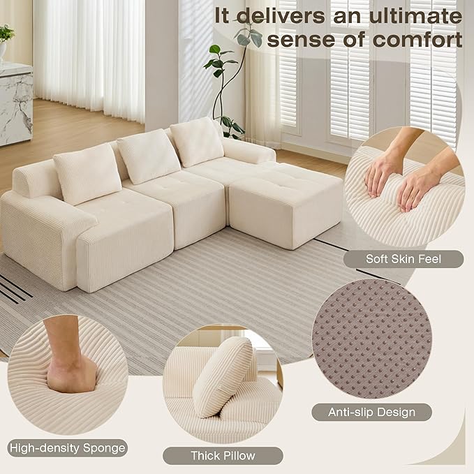 Modular Sectional Sofa, 6 Seat Modular Couch, Modular Sofa with Deep Seat and Detachable Pillow (White, 4 Pieces-L Shape)