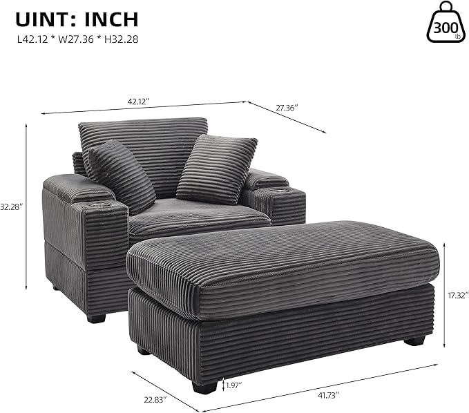 KEIKI Oversized Accent Chair with Ottoman, Chaise Lounge Chair Indoor with Handrail Storage, Cupholders, Oversized Sofa Bed, Deep Seat Sleeper Couch Reading Chairs for Living Room, Gray
