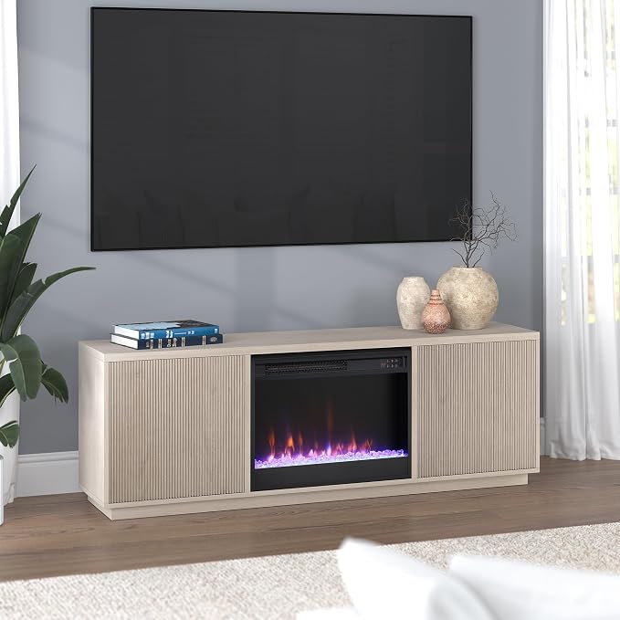 Henn&Hart Fluted TV Stand for TVs up to 75" with 26" Electric Crystal Rocks Fireplace and Ribbed Side Storage Cabinets for Living Room, Family Room, or Office, Beech White - Image 5