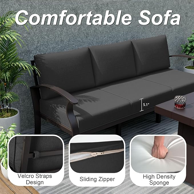 ALAULM Aluminum Patio Furniture Set with Coffee Table Rectangular，5-seat Outdoor Sectional Furniture w/Swivel Chairs，Patio Conversation Set for Porch, Backyard, Poolside-Black